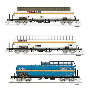 3-dílný set cisternových vozů, 2x cisterna pro přepravu plynu "TOTALGAZ","NACCO", 1x cisterna "Wasco