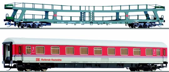 2-dílný set "Rollende Raststätte", 1x vůz na přepravu automobilů DDm 915, 1x rychlíkový vůz 1. třídy