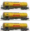 76029 Roco - 3- dílný set cisternových vozů se zkoseným kotlem "GATX/DHL"