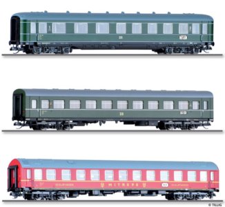 01068 Tillig TT Bahn - 3- dílný set rychlíkových vozů „D 118 Leipzig-Köln“ (1x lůžkový a 2x osobní 2