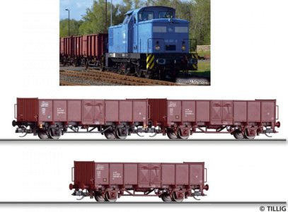 Souprava nákladního vlaku s dieselovou lokomotivou BR 346 a třemi nákladními vozy Es
