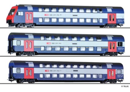 70066 Tillig H0 Bahn - 3- dílný set patrových vozů (1x 1.třídy, 1x 1./2.třídy a 1x řídící vůz)