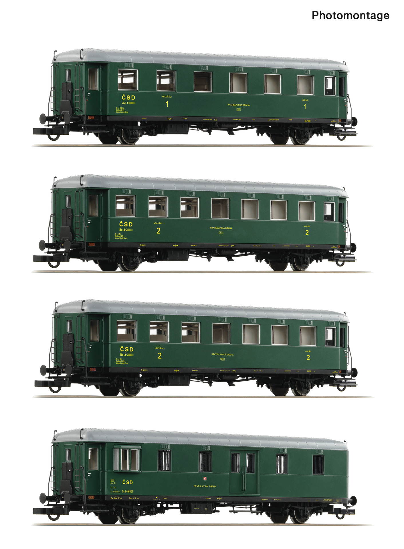 Roco 6200282 Roco - 4- dílná souprava osobních vozů "Rybák" (1x Ci, 2x Bi, 1x Dd) ČSD HO