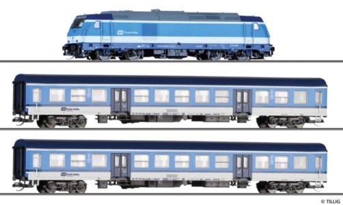 01506 Tillig TT Bahn - Start set s dieselovou lokomotivou TRAXX a dvěma osobními vozy typ Halberstad