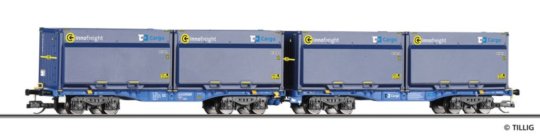 15085 Tillig TT Bahn - Souprava dvou plošinových voz InnoWaggon ložené dvěma boxy WoodTainer XXL